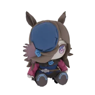 3D model of a chibi anime plush toy with a blue eye patch, brown hair, and a pink and blue outfit adorned with blue roses.