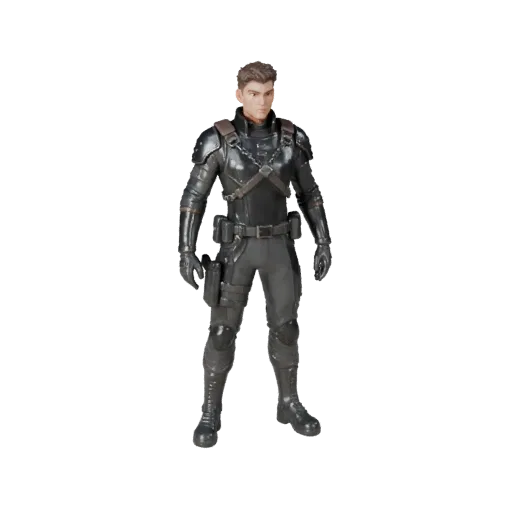 Personaggio 3D Ufficiale Assalto Sci-Fi, vista viewport motore, asset pronto per animazione con posa in piedi e pbr