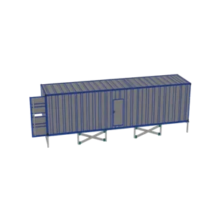 3D render of a long, gray industrial container module with blue trim, elevated on supports, featuring a door and external sta