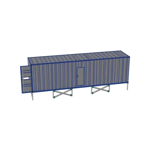 3D render of a long, gray industrial container module with blue trim, elevated on supports, featuring a door and external sta