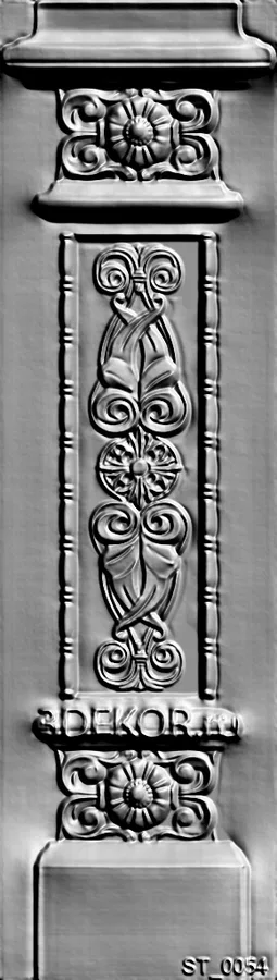 3D model of a bas-relief with floral ornament, capital, and '3DEKOR.RU' text, in a classic style.