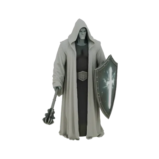 3D model of a hooded warrior figure holding a mace in its left hand and a shield with a glowing cross in its right hand, agai
