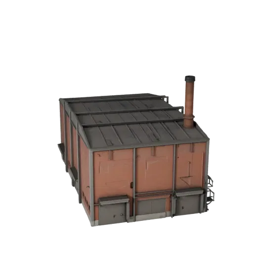 Modèle 3D STL imprimable de centrale électrique, vue isométrique, montrant les matériaux du bâtiment industriel et les détail