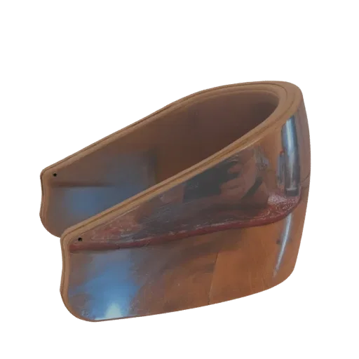 3D model of a curved metallic armband with a polished reflective surface and a natural wood trim, shown against a white backg
