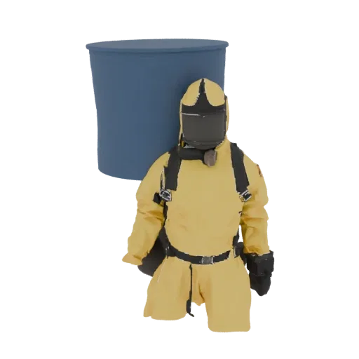 3D model of a person in a yellow hazmat suit standing next to a blue industrial barrel.