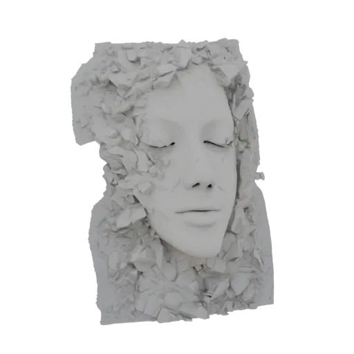 3D model of a serene human face with closed eyes, emerging from a rough, fragmented stone-like structure.