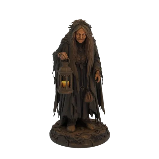 3D model of an ancient witch with a weathered face, wearing tattered robes and holding a lit lantern, standing on a root-cove