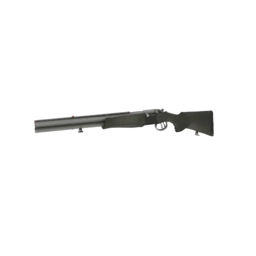 3D model of a classic double barrel shotgun with dark metallic finish and wooden stock.