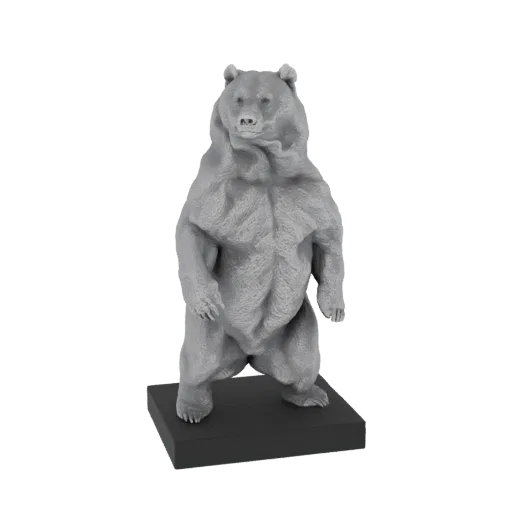 A detailed 3D model of a grizzly bear standing upright on a black base, showcasing its powerful physique and textured fur.