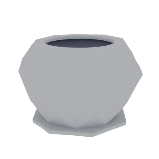 A 3D render of a light gray, low-poly planter pot with sharp geometric facets and a hexagonal base.