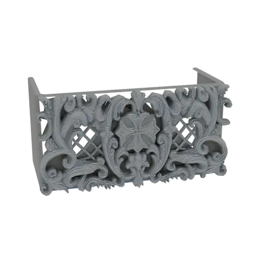 Modèle 3D d'un garde-corps de balcon orné avec des volutes florales complexes et un motif en treillis diamanté, rendu dans un