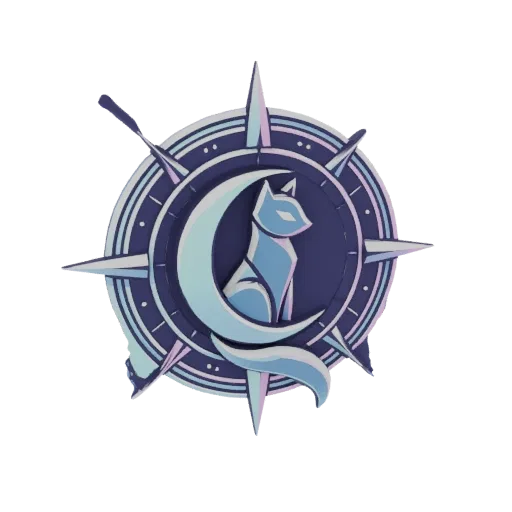 3D render of a stylized fox sitting on a crescent moon, surrounded by a compass rose, with a cool blue and purple color schem