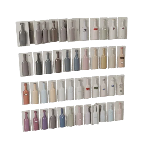 Market Bottle Group 3D model, three-quarter front view, Unity viewport, showing paper-like cards, small readable forms.
