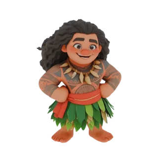 3D model of Maui from Disney's Moana, smiling with hands on hips, wearing his traditional attire.