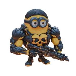 3D model of a muscular Minion character with a stern expression, wearing tactical gear and holding a detailed assault rifle.