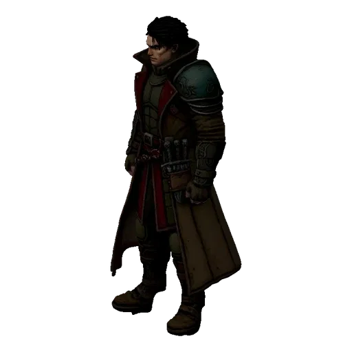 3D model of a steampunk adventurer wearing a long trench coat and holding a dagger, with dark, tousled hair and a stern expre