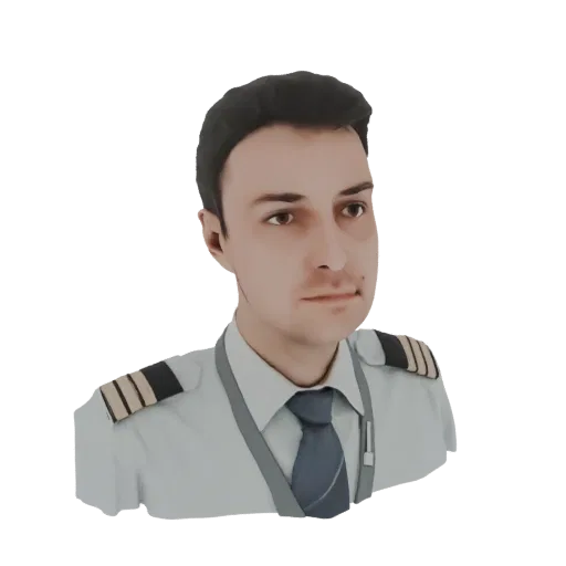Modello 3D di un busto di pilota uomo con uniforme, spalline e cravatta, renderizzato su sfondo bianco.