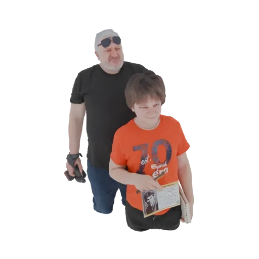 3D model of a father figure with sunglasses and a young boy holding a book, depicted from a slightly elevated angle.