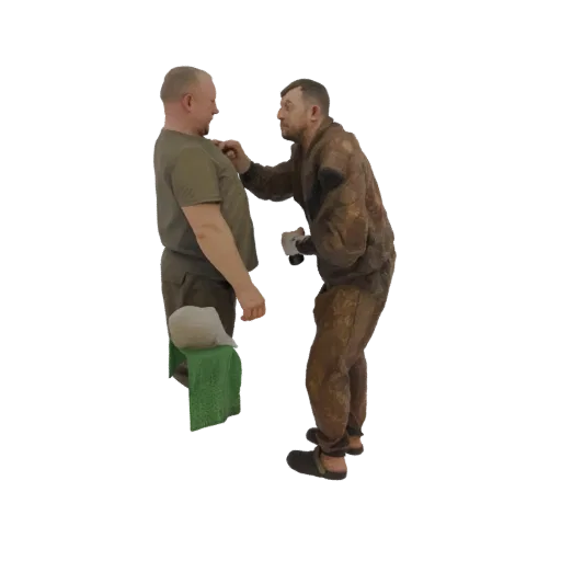 3D model of two men in work clothes, one in a t-shirt and the other in camouflage, interacting.