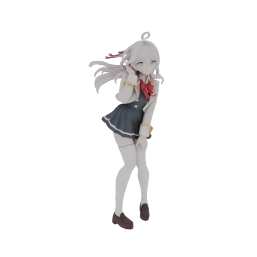 3D model of an anime schoolgirl in a uniform with blue eyes and a red bow, posing playfully.