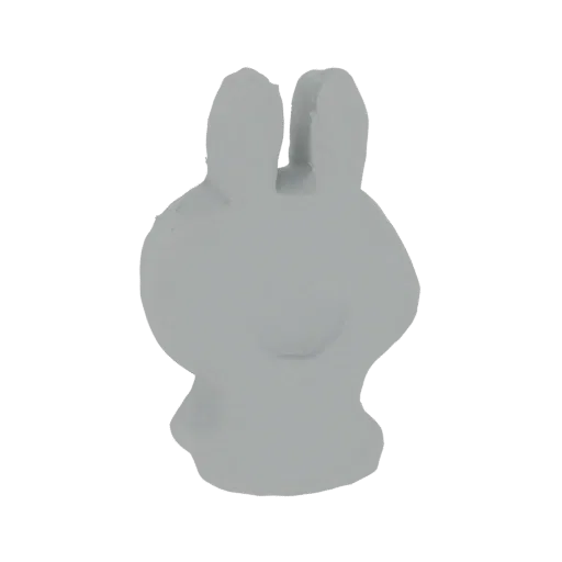A 3D render of a simple, light gray bunny figurine with large ears, standing upright against a white background.
