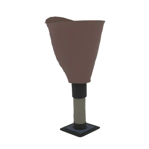 A 3D render of a prosthetic leg, showing the brown socket, grey pylon, and black base, against a white background.