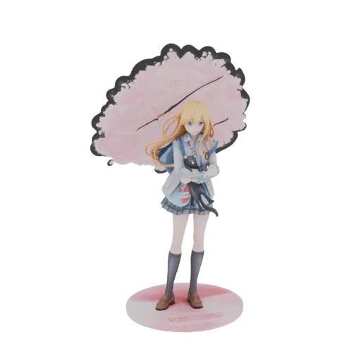 Modèle 3D fille anime blonde uniforme scolaire tenant chat noir, avec grande fleur de cerisier rose derrière.