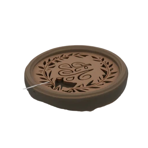 3D model of a round seal with a laurel wreath and a stylized monogram in the center.