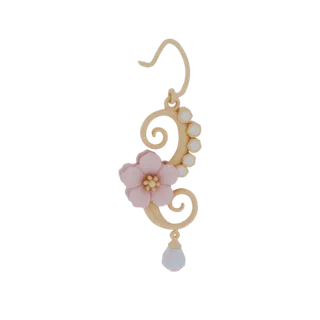 Modello 3D di un delicato orecchino fiore di ciliegio rosa con spirale dorata e goccia di perla scintillante, su sfondo bianc