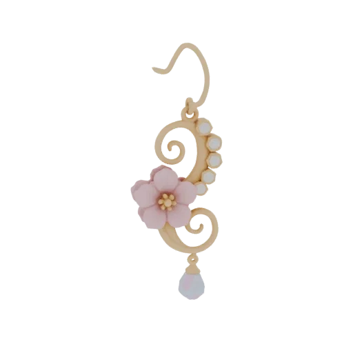 3D model of a delicate pink cherry blossom earring with a golden swirl and a shimmering pearl drop, set against a white backg