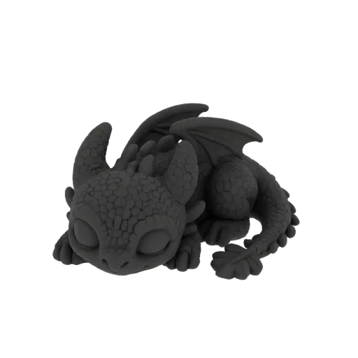 A dark gray 3D model of a cute baby dragon sleeping peacefully, with detailed scales and tucked wings.