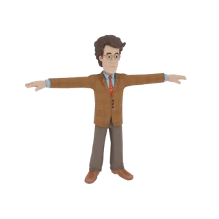 A 3D render of a cartoon professor character standing with arms outstretched, wearing a tweed jacket, glasses, and a tie.