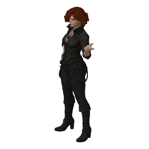 3D model of a woman with auburn hair, wearing a black steampunk-inspired jacket and detailed trousers, posed confidently.