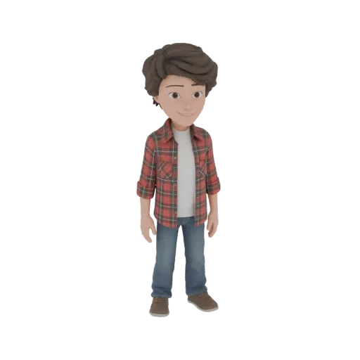 Modello 3D di un giovane uomo con capelli castani, indossa una camicia a quadri rossa e jeans blu, sorridente.