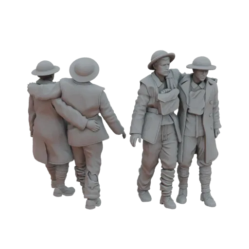 3D model of two WWI soldiers, one supporting the other, with detailed uniforms and helmets, unpainted.