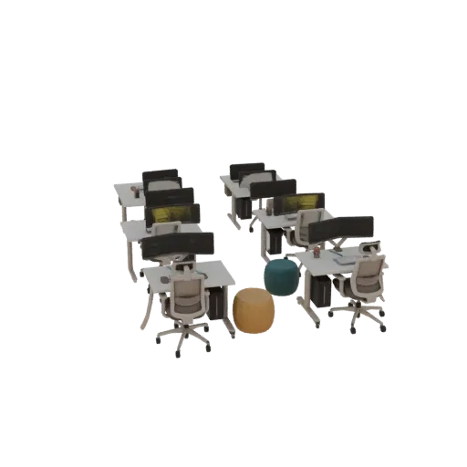 3D model of a modern computer classroom with rows of desks, chairs, and monitors, rendered on a white background.