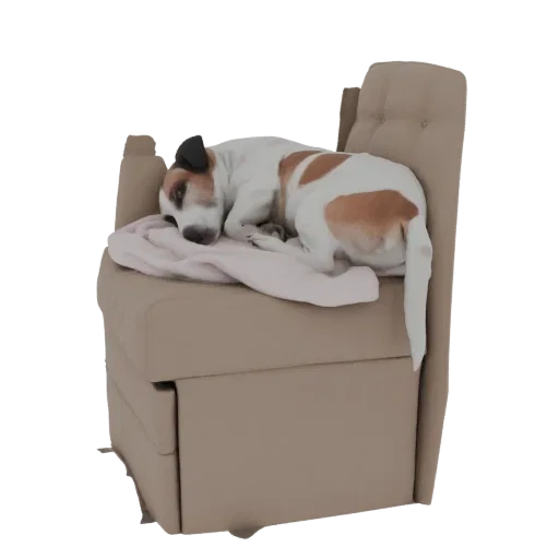Modello 3D di un cane Jack Russell Terrier bianco e marrone che dorme su una sedia imbottita beige con una coperta rosa.