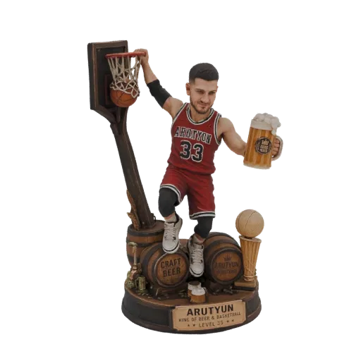 3D model of a basketball player in a red jersey holding a beer mug, standing on barrels with a trophy base.