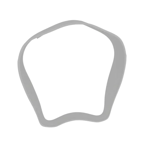 A 3D render of a smooth, gray, abstract ring with wavy, flowing edges against a white background.