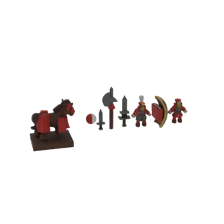 Render 3D de un conjunto de soldado de juguete medieval y caballo, con caballeros con espadas, alabardas, escudos y un caball