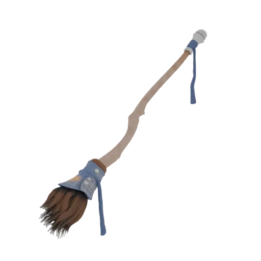 A 3D render of a stylized magical broomstick with a wooden handle, brown bristles, and blue fabric accents and ribbon.
