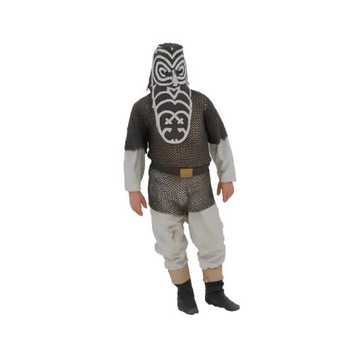 3D model of a tribal warrior wearing a white and black patterned mask and metallic chainmail armor, standing in a dynamic pos