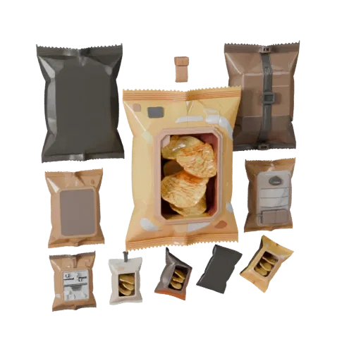 Snack Chip Bag Stylized 3D model, stylized isometric render, showing cardboard, package massing.