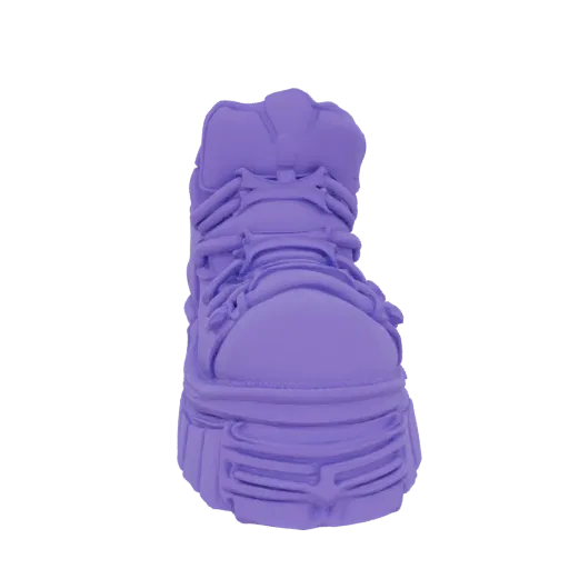 A 3D render of a single purple platform boot with a thick sole and detailed lacing, set against a black background.