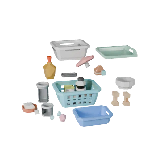 Cluttered Laundry Basket Low Poly 3D model, game viewport three-quarter view, showing ceramic, form detail.