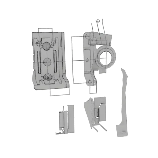 3D model render of an industrial gearbox component assembly, showing gears, housing, and mechanical parts.