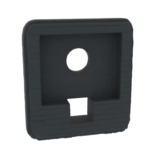 3D model render of a dark, textured square frame with a central circular cutout and a lower square cutout.