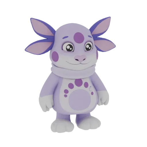 A 3D render of a cute, cartoonish purple monster with large ears, purple polka dots, and a light purple scarf, standing again