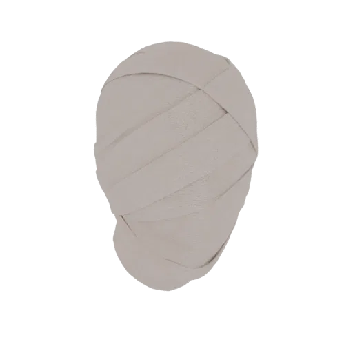 3D model of a mummy's head, completely wrapped in textured off-white bandages, with a neutral background.