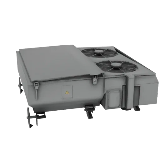 3D model of a grey industrial air conditioning unit with two fans on top and visible mounting brackets.